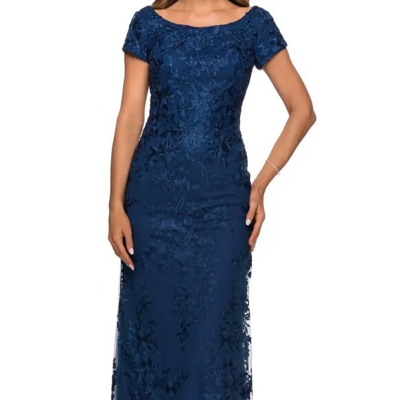 La Femme Navy Blue Shimmer Floral Embroidered A-Line Gown - Picture 1 of 3
